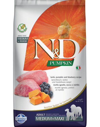 FARMINA N&D Pumpkin lamb&blueberry Krmivo pre dospelých psov stredných a veľkých plemien Maxi 12 kg + 3 x FARMINA N&D Pumpkin Dental Treat Lamb Blueberry Mini 60 g (7 ks) ZADARMO!